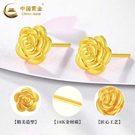 CHINA GOLD 18K gold rose earrings for women, flower straight needle earrings, Mid-Autumn Festival birthday gift for girlfriend and lover, 18K rose earrings