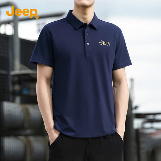 吉普（JEEP）桑蚕丝凉感T恤男商务休闲宽松Polo领短袖男打底衫1694 蓝色 XL 