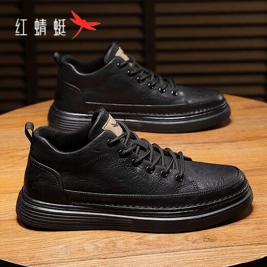 Red Dragonfly Men's Casual Shoes 2025 Autumn and Winter Leather Shoes New Versatile Classic Shoes Men's Light Luxury Business Black Shoes Men Black Four Seasons (7002T) Upgrade 42