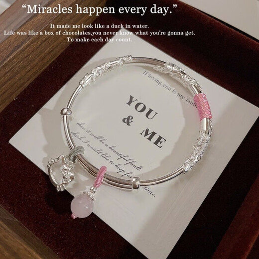 BMOI Old Phoenix 999 Pure Silver Flowers Bracelet Women's Bracelet Safety Lock Bracelet Young Style for Girlfriend Pair of Pearls Flowers Girly Powder + KT Cat 30g