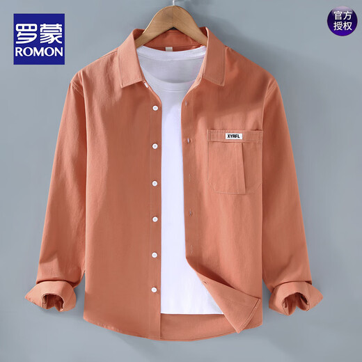 ROMON small fresh shirt men's long-sleeved literary trend fashionable handsome top spring and autumn pure cotton versatile shirt jacket orange M