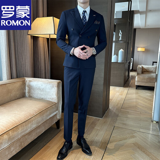 ROMON Fashionable and Versatile Double-breasted Formal Business Casual Men's Suit Striped Slim Groom and Groomsmen Clothing Mist Gray (Suit+Trousers) 2XL 54-33 (136-146Jin Jin equals 0.5kg)