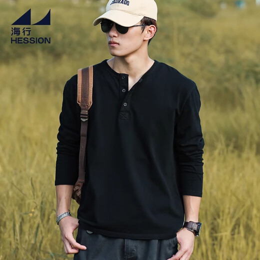Haixing Black Casual Long Sleeve T-Shirt Men's Pure Cotton Breathable Spring and Autumn Solid Color Inner Bottoming Shirt Top Cotton Henry Shirt Black 2XL