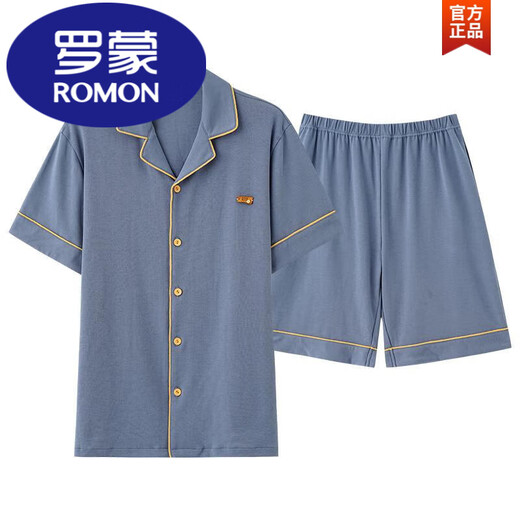 罗蒙（ROMON）睡衣男士夏季纯棉短袖短裤开衫薄款大码纯色休闲家居服套装夏季男 灰紫色12806【100%纯棉】 L 【建议100-120斤穿】