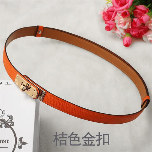 
HGIRXVH home kelly real leather thin belt women's lock Kelly coat summer decoration with skirt waist 13780 classic black gold buckle
