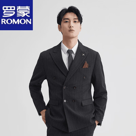Romon double-breasted striped suit men's suit spring and autumn slim and handsome business formal groom's suit wedding brown single suit M 95-107Jin Jin equals 0.5 kg
