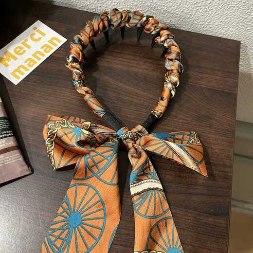 Hesi language retro printed palace flower ribbon headband tied with a hairband integrated fabric silk scarf braided hairband streamer headband orange