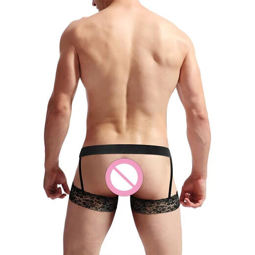 Renduo Men's Men's Low Waist Underwear Lace Garter Thong Sexy Hollow Transparent Open Crotch Free Temptation Black G402 One Size