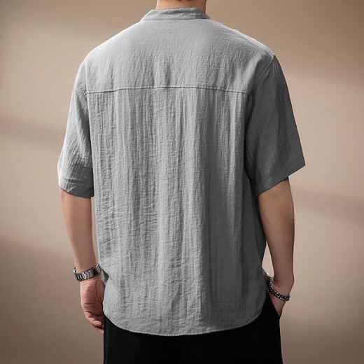 Chaotianshi high-end Chinese antique style retro linen short-sleeved shirt men's summer thin old money style Henry collar casual shirt gray XL 145-160Jin Jin equals 0.5 kg