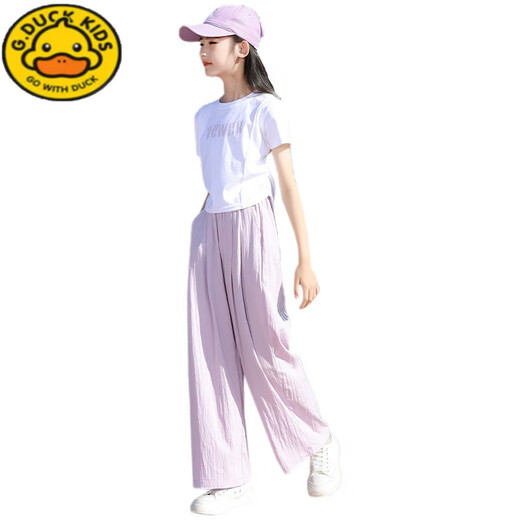 G.duck小黄鸭女童夏装套装儿童2025新款大童短袖t恤长裤夏季休闲运动服 15025米白色+9731紫色 160 cm