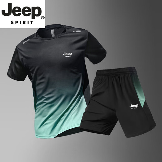 JEEP SPIRIT轻奢高端运动套装男士速干衣短袖t恤夏季冰丝训练短裤健身衣服男 9901黑灰套装 M