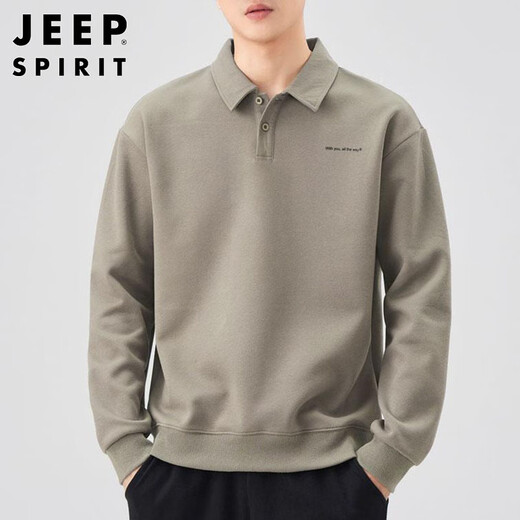 JEEP SPIRIT Jeep POLO shirt men's sweatshirt autumn and winter loose long-sleeved lapel T-shirt top men gray green XL
