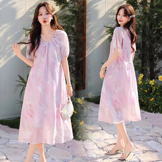 Jingqi (Joyncleon) Schwangere Frauenschwangerschafts-Sommerkleidung 2025 Neues Mutterschaftskleid für schwangere Frauen-High-End-Kleid für schwangere Frauenrock bequem blau [gestickte Chiffonkleid] L.