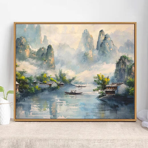 三栖虎中式山水风景数字油画diy手绘画画填色感丙烯油彩涂色填充画 X9738 4050油画套餐内框+画笔+颜料