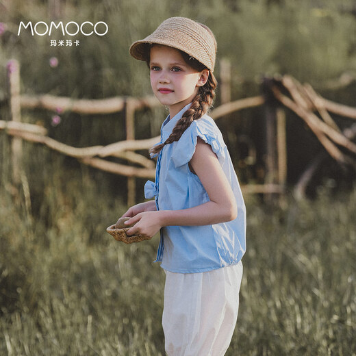 Mami Maca (MOMOCO) girls summer cotton shirt summer new breathable solid color rose three-dimensional shirt blue 110