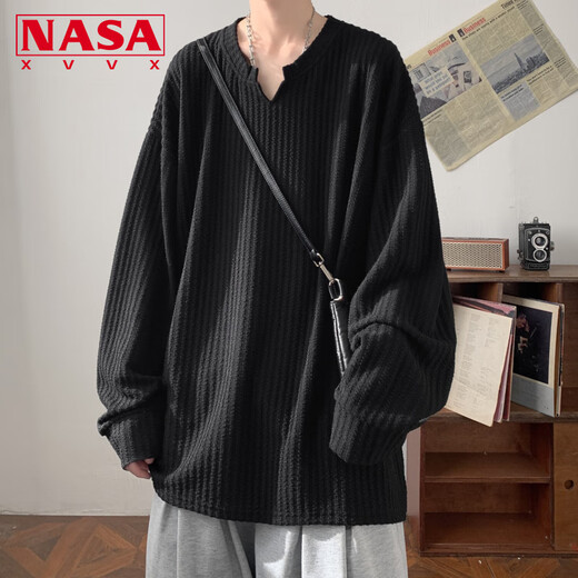 NASA XVVX white sweatshirt V-neck long-sleeved T-shirt men's heavyweight American high-end Henry collar loose inner bottoming shirt spring and autumn beige XL