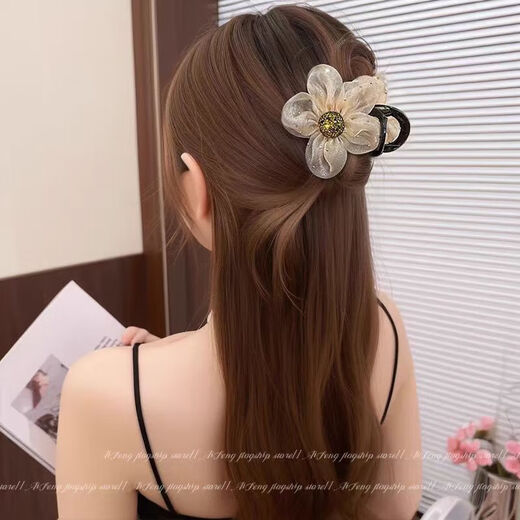 Rhinestone polka dot mesh sunflower clip for women 2025 new high-end bubble shark clip back of head hair clip black 1 piece