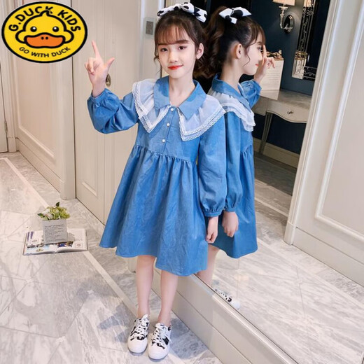 G.duck girls dress spring and autumn 2024 new medium and large children Korean style long-sleeved denim skirt girl fashionable princess dress blue 140 recommended height 130-140cm age 8-9 years old
