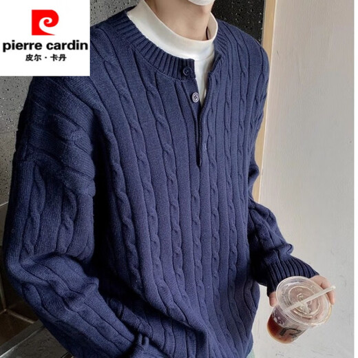 Pierre Cardin high-end Henry collar braided braided sweater for men, autumn and winter, Korean style lazy long-sleeved pullover sweater jacket, navy M