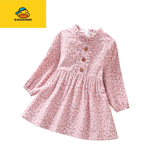 G.duck Girls Dress Children's Floral Skirt Spring Autumn Winter New Korean Style Long Sleeve Velvet Thickened Cotton Bottoming Skirt New Pink Wooden Button Spring Autumn 110 Recommended Height 100cm Suitable for 90-100cm