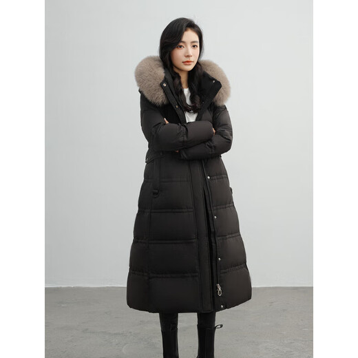 雪中飞狐狸毛领连帽长款羽绒服女25新款加厚收腰显瘦90绒外套冬季黑色S