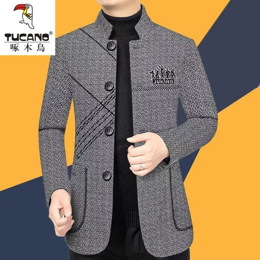 Woodpecker high-end woolen jacket men's coat spring autumn winter stand collar jacket middle-aged men's wool Chinese tunic suit dark gray XL 180/96A recommended 135-155Jin Jin equals 0.5 kg