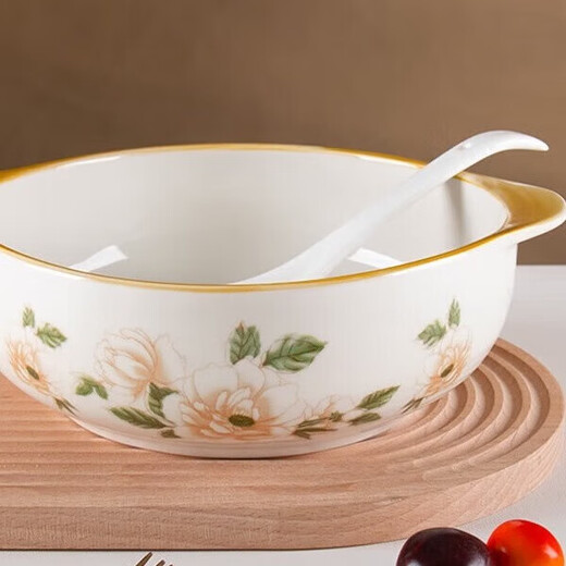Ceramic double-eared bowl, new large size household anti-scalding underglaze colored water-boiled fish large dish basin, good-looking soup bowl with white spoon, Camellia 2-piece set, 10.5-inch double-eared bowl, 1 pack + 1 white spoon