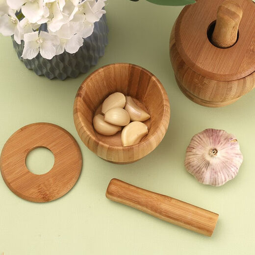 Huamuxi natural bamboo mashing jar household old-fashioned garlic mortar with lid old style new manual masher bamboo grinding medicine jar without lid small size 9CM*9CM with stick