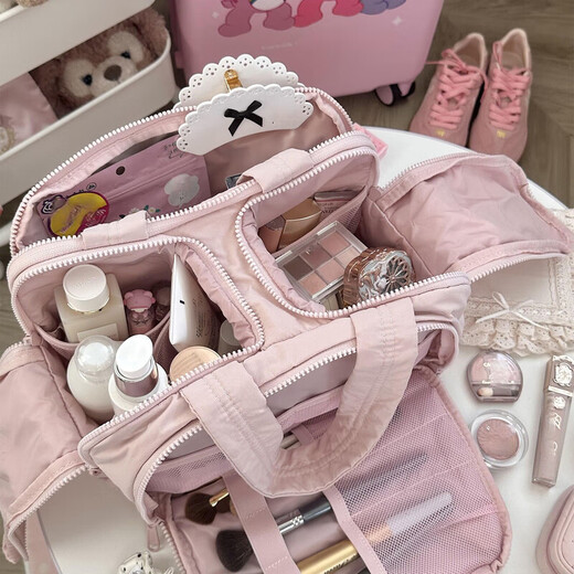 Bo Naling Cosmetic Bag Large Capacity Women's Portable Partitioned Multi-Function Storage Bag Travel Cosmetic Case Portable Toiletries Bag Pink Compartment Cosmetic Bag 30*18.5*21CM