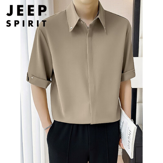 
JEEP SPIRIT summer ice silk color-blocking five-point mid-sleeved shirt for men handsome versatile hairstylist casual cool shirt breathable 1048 black M Recommended 100-120Jin [Jin equals 0.5 kg]