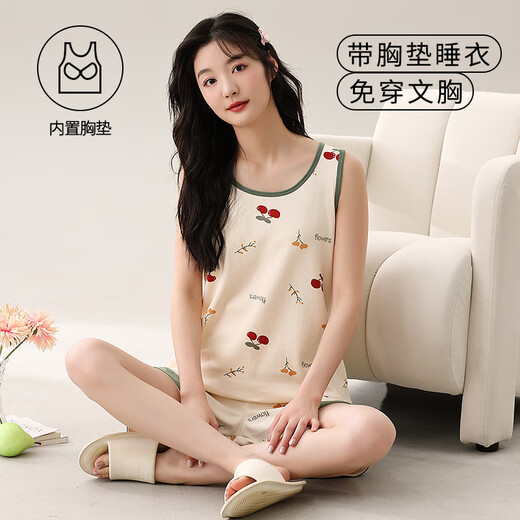 莫代尔睡衣女夏2025新款纯棉夏天女士吊带两件套背心带胸垫夏款无袖 带胸垫背心套装：Y-1105 M 女