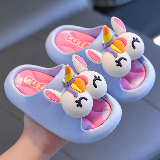 JCZS slippers for indoor home use for children in summer, boy's soft sole, non-slip, cute baby girl's cartoon slippers, deodorant, sky blue 32/33 (shoe length 19, suitable for feet 18