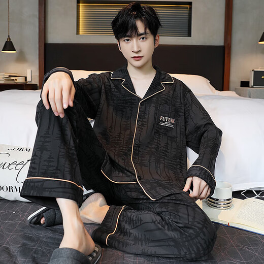 Sangpu-Pyjama für Herren, Frühling und Herbst, große Größe, lockerer, lässiger Langarm-Anzug, Strickjacke, kann außerhalb der Sommer- und Winter-Hauskleidung getragen werden OMM12004 2XL (empfohlen 150–170 Jin Jin entspricht 0,5 kg)