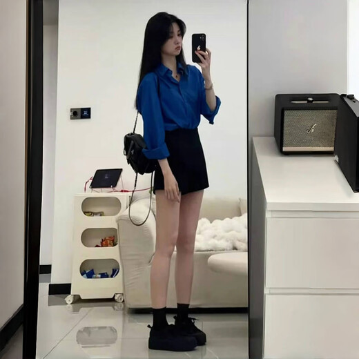 Jingdomeng 2025 Spring and Autumn New Klein Blue Long-Sleeved Shirt Jacket Women's French Style Loose Casual and Versatile Top Dark Blue M (100-115Jin Jin is equal to 0.5kg)