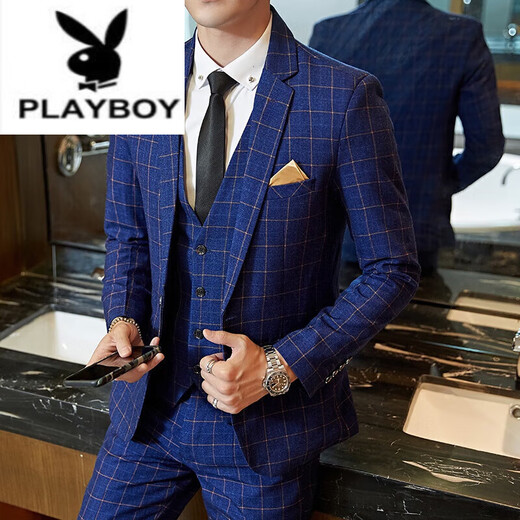 Playboy (PLAYBOY) Spring and Autumn Plaid Suit Suit Men's Korean Slim Suit Youth Casual Wedding Dress Jacket Gray (Suit+Trousers+Vest) + Tie 2XL