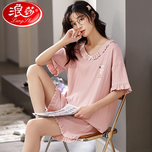 浪莎睡衣女夏季纯棉薄款可爱韩版学生短袖两件套装春秋宽松夏天家居服 栗色GXT6636图色 M码(建议75-95斤) 均码