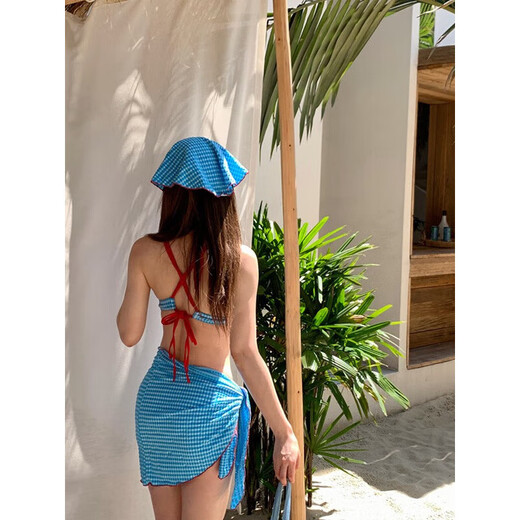 Tanbeiman swimsuit, feminine sexy whitening bikini, flesh-covering vacation swimsuit, beautiful back for hot springs, three-point beach retro plaid, bikini swimsuit, blue four-piece set (including headscarf, one size fits all), recommended 70-120 Jin Jin equals 0.5 kg