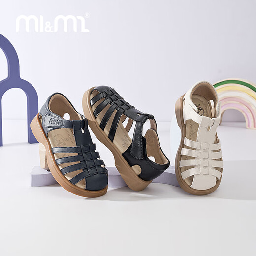 M1&M2 Spanish children's shoes, children's sandals, summer boys and girls Roman shoes, non-slip soft bottom Velcro toe-cap beach shoes, beige size 32, suitable for feet 19~20cm long