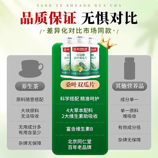 Beijing Tongrentang Money Green Willow Mulberry Hoja Doble Melón Melón Manos y pies Entrenamiento mareos Tienda oficial Extracción botánica genuina [2 botellas 200 piezas] Debilidad y fatiga corporal