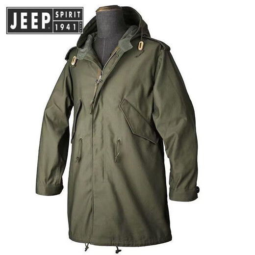 JEEP SPIRIT 2025 workwear hooded American retro new men's fishtail mid-length windbreaker Korean style parka outer green high quality XL 135-145Jin Jin is equal to 0.5 kg