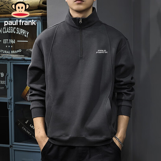 Paul Frank sweatshirt men's spring and autumn American fashion brand jacket men's heavyweight half-zip long-sleeved top dark gray 2XL