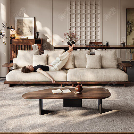 Lanchenlin Song's Aesthetic Black Walnut Solid Wood Sofa New Chinese Style Living Room 2025 New Combination Straight Sofa Home 2.62 Meter Three-Seater + Double + Single + Coffee Table