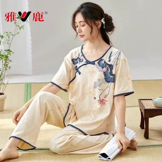 雅鹿女士短袖睡衣套装夏季薄款长裤新中式国风仿棉家居服可外穿 LZY9905 M (建议75-95斤)