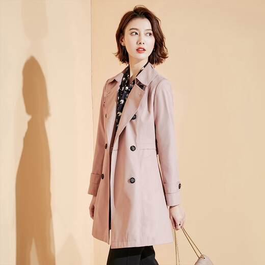 Time flies British style classic trench coat Spring double-breasted slim-fitting mid-length women's trench coat pink M