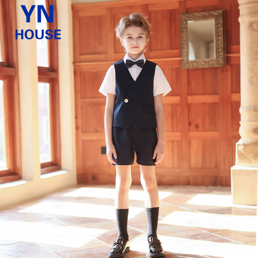 衣诺坊儿童西服套装夏款藏青色花童西服男孩钢琴演出主持人花童礼服西装