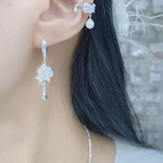 RSRDDY Lao Phoenix Pure Silver 9999 Cubic Water Drop Rose Earrings Women's Pure Silver Earrings for Mom and Wife Earrings Pure Silver Rose Peony Tassel Earrings Lao Fengxiang's Same Style 4.58 Grams with Counter + Certificate