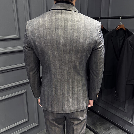 Jason's double-breasted plaid suit men's suit high-quality formal dress business casual groom's wedding suit three-piece khaki (suit + shirt + pants) 2XL