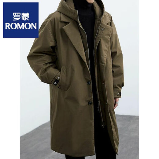 ROMON 2025 Autumn and Winter New Men's Green Coat Men's Jacket Fake Two-Piece Hooded Mid-Length Wind Clothes Trendy Texture Military Green Spring and Autumn/Windbreaker/Jacket/Over the Knee M Recommended 85-105Jin Jin is equal to 0.5 kg