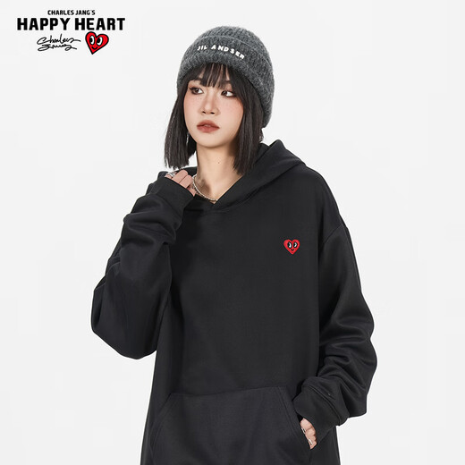 Charles Heart Hooded Sweatshirt for Men and Women Couples Same Style Solid Color Basic Versatile Plus Velvet Thickened Pullover Top Black XL