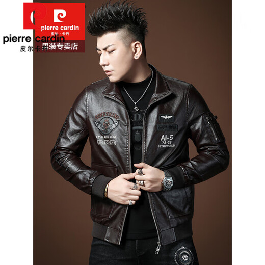 Pierre Cardin 2025 New Spring and Autumn Lapel Men's Leather Jacket Men's Leather Jacket Embroidered Letter Jacket Casual GZ-Black XL 110-130Jin Jin is equal to 0.5 kg